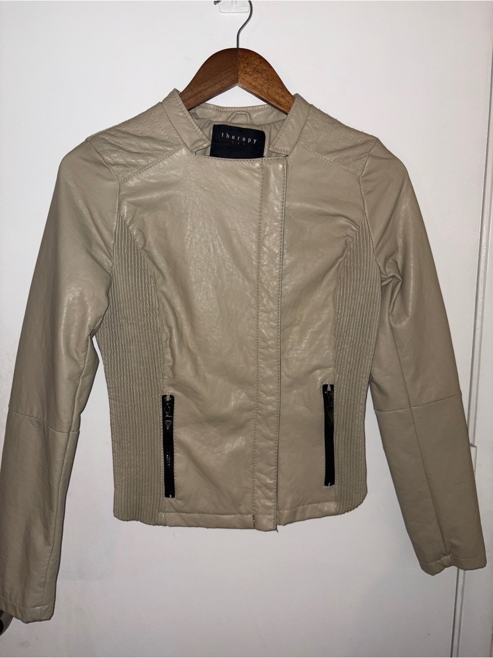 therapy Women's Beige Faux Leather Moto Jacket with Rib Side Panels